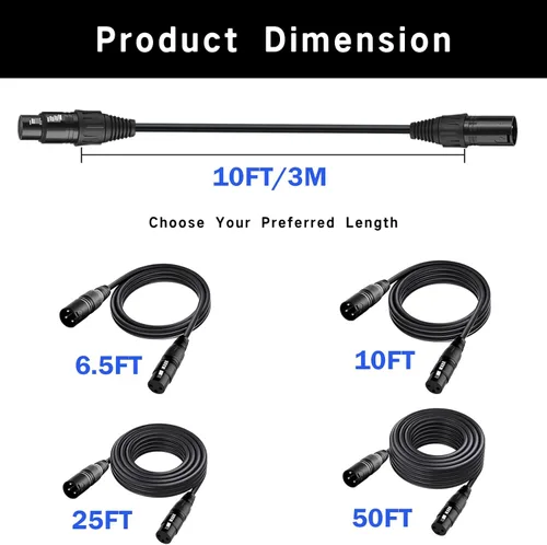 Miniatura 4 de Cable DMX flexible de 10 pies de señal XLR macho a hembra, cable DMX para iluminación de escenario, luces de DJ, cabezal móvil y accesorios LED par