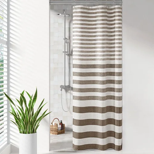 Miniatura 58 de Madison Park Cortina de ducha de tejido waffle con diseño a rayas en piezas, cortina de ducha de tela para baño con gestión de humedad 3M Rayas Taupe