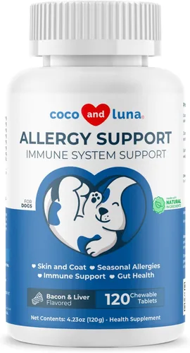 Apoyo para la alergia para perros, con vitamina C, Omega 3 y calostro, alivio de picazón, alivio de alergias para perros, calmante para la piel, con