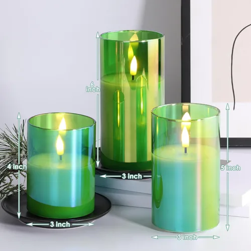 Miniatura 2 de Eywamage Juego de 3 velas LED de cristal verde, con forma de columna gruesa, funcionan con pilas, con control remoto, sin llama, parpadeantes