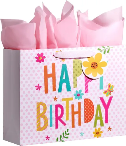 Bobobag - Bolsa de regalo rosa de 13 pulgadas con papel de seda para cumpleaños, grandes bolsas de regalo para niñas Feliz cumpleaños (rosa)