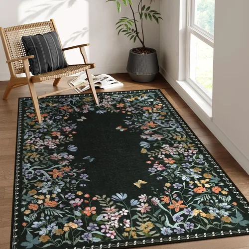 Miniatura 23 de Wonnitar Alfombra de área lavable de 2 x 3, alfombra de entrada floral verde, alfombra bohemia pequeña antideslizante para baño, alfombra suave