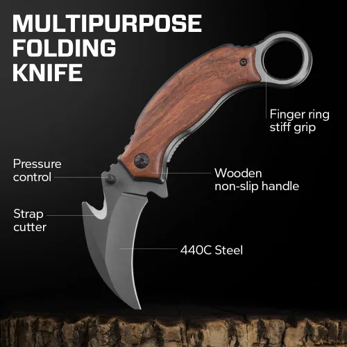 Miniatura 4 de Cuchillo de bolsillo para hombres – Cuchillo plegable Karambit – Acero afilado 440C, hoja de garra de tigre – Cuchillos de bolsillo grabados