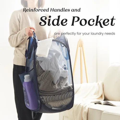 Miniatura 3 de TECHMILLY Cesta plegable de malla para la ropa sucia con asas resistentes y bolsillo lateral, cestas plegables portátiles para ropa para dormitorio