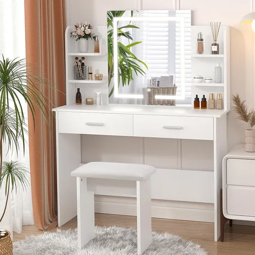 SMOOL Escritorio de tocador con espejo iluminado, mesa de tocador de maquillaje con 3 opciones de luz de color, brillo ajustable, tocador con 6