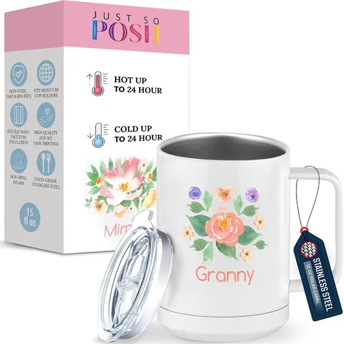 Miniatura 7 de Just So Posh Abuela Flowers - Vaso de café con asa y tapa deslizante, color blanco de 15 onzas, color camello polar, acero inoxidable, aislado al