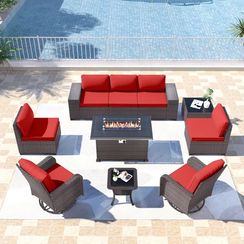 Miniatura 32 de Kullavik Juego de 13 muebles de patio al aire libre con mesa de fogata de gas propano de 43 pulgadas, 55000 BTU, mimbre de polietileno, sofá Arena