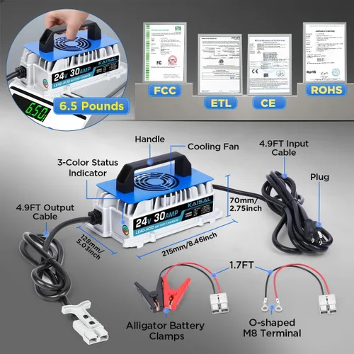 Miniatura 10 de Cargador de batería de 24 V 30 A, cargador de batería inteligente de 24 voltios de 1250 W, 3 formas de conexión, cargador impermeable IP67
