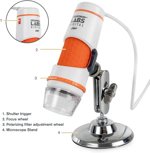 Miniatura 10 de Celestron Labs - Microscopio digital de mano de 2 MP – 20 aumentos – 200x – Software captura fotos, vídeos – Iluminación LED y filtro polarizador
