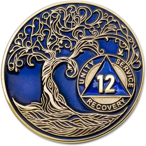 Miniatura 210 de 20 Year Sobriety Mint Twisted Tree of Life - Medallón de recuperación AA chapado en oro, fichas y fichas, color negro