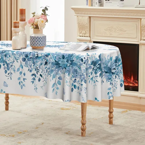 Miniatura 16 de Horaldaily Mantel de primavera rectangular de 52 x 70 pulgadas, mantel floral de eucalipto azul para decoración de fiestas, pícnic, cenas