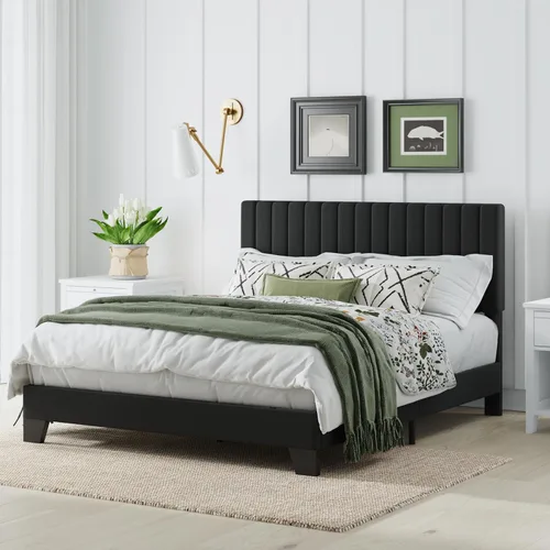 Miniatura 3 de Marco de cama tamaño Queen, cama plataforma tapizada en terciopelo con cabecero acolchado ajustable, marco resistente y listones, silencioso,