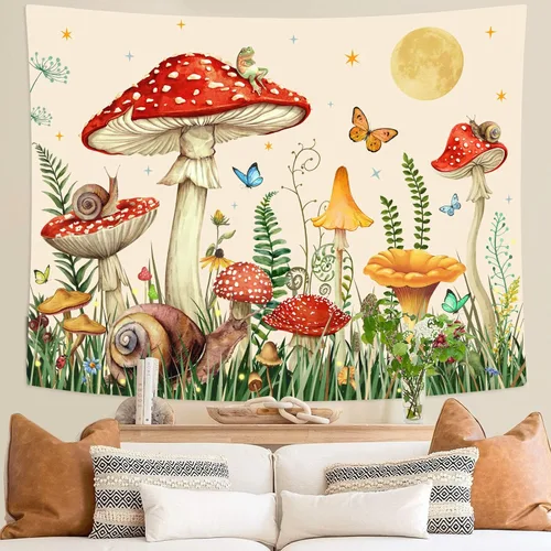 Miniatura 3 de Zussun Tapiz de hongo rojo, tapices de luna y estrella para dormitorio, estética de color beige, noche estrellada, planta verde, tapiz de pared