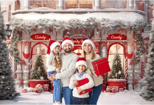 Miniatura 3 de Telón de fondo rojo de 5 x 3 pies para fotos de tienda de Navidad, pancarta de casa de jengibre de Navidad, fondo de Papá Noel, decoración