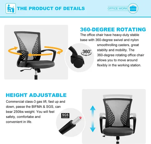 Miniatura 4 de TTY Store Silla de oficina de malla para el hogar, silla de escritorio ergonómica con soporte lumbar, reposabrazos ejecutivo, ajustable, giratoria