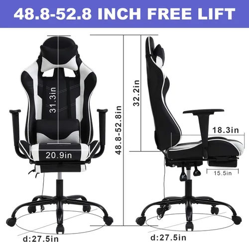 Miniatura 3 de HCY Silla ergonómica de respaldo alto, estilo carreras, con reposapiés, reposacabezas y soporte lumbar, altura ajustable, silla de oficina de piel