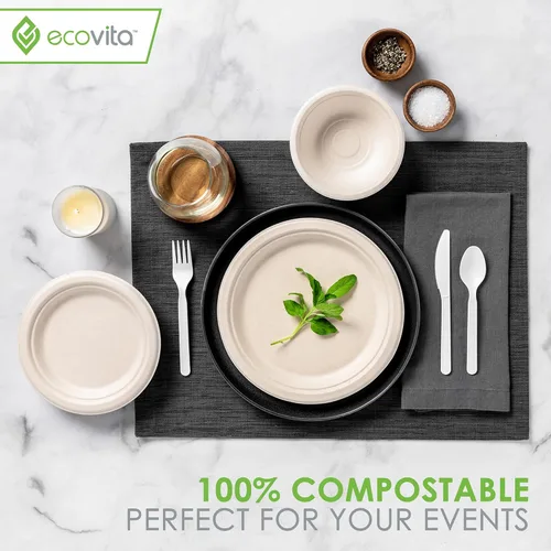 Miniatura 6 de Ecovita Platos de papel 100 % compostables [7 pulgadas] – 150 platos desechables ecológicos, resistentes, libres de árboles y líquidos y resistentes