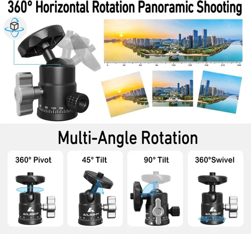 Miniatura 2 de Ailight Mini cabeza de bola, cabezal de trípode panorámico de 360°, adaptador de tornillo universal de 1/4 a 3/8 pulgadas, soporte de trípode