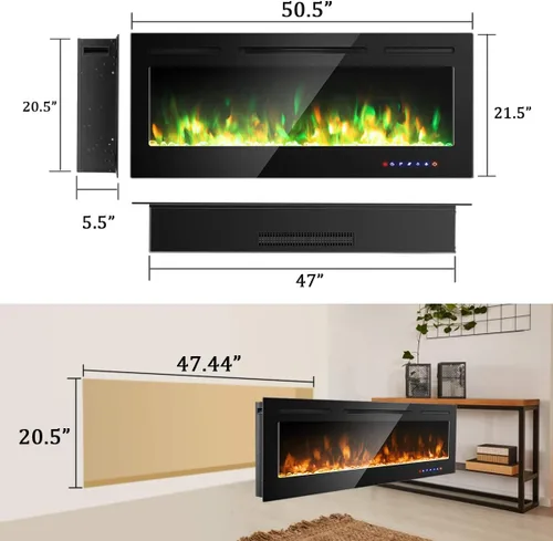 Miniatura 4 de COSTWAY Chimenea eléctrica de 50 pulgadas, 750 W/1500 W empotrada en pared y montaje con control remoto, 9 colores de llama, 5 ajustes de brillo