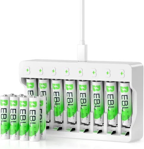 EBL Baterías AAA Recargables con Cargador, 1100mAh NiMH, 1.2V, Recarga hasta 1200 veces, Baterías Triple A para Teléfono Inalámbrico (Paquete de 16)