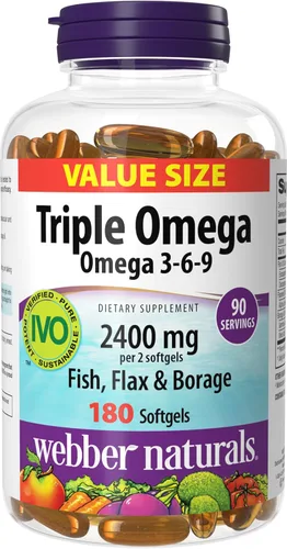 Webber Naturals Triple Omega 3 6 9, 2400 mg de aceite de pescado por porción, alta potencia, 180 cápsulas blandas, sin regusto a pescado,