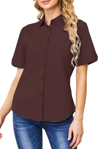 Miniatura 17 de Camisas con botones para mujer, sin arrugas, ajustadas, manga corta, formal, sólidas, blusas