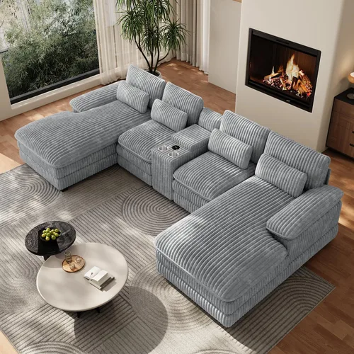 Miniatura 12 de Sofá seccional en forma de U de 132 pulgadas, mullido y afelpado de pana de 4 asientos, sofás seccionales color negro para sala de estar, cómodo