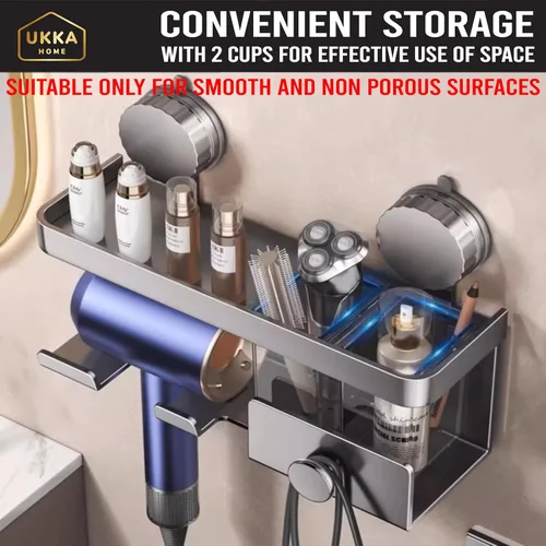 Miniatura 8 de Soporte de aluminio para secador de pelo con ventosa. Estante organizador de almacenamiento con estante para accesorios y herramientas para el baño.
