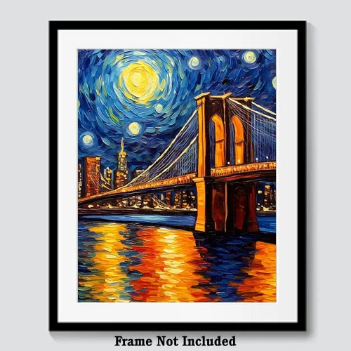 Miniatura 6 de Bestbuddy Pet 8X10 Sin Marco Noche Estrellada Inspirado Puente de Brooklyn Monumento de Nueva York Famosa Arquitectura Tour Mundial Pintura al óleo