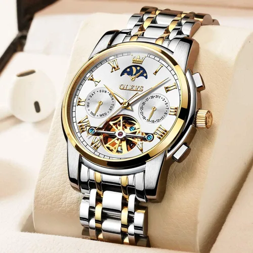 Miniatura 2 de OLEVS Relojes automáticos para hombre diseño de esqueleto Tourbillon cuerda automática reloj de pulsera de lujo fase lunar fecha impermeable