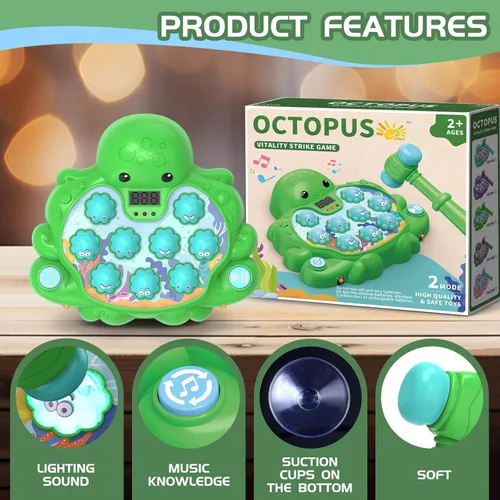 Miniatura 6 de Juego de Golpe de Vitalidad de Pulpo, Juguete Musical Educativo Whack-A-Mole con 2 Modos de Juego, Pantalla de Puntuación Digital, Juguete de Verde
