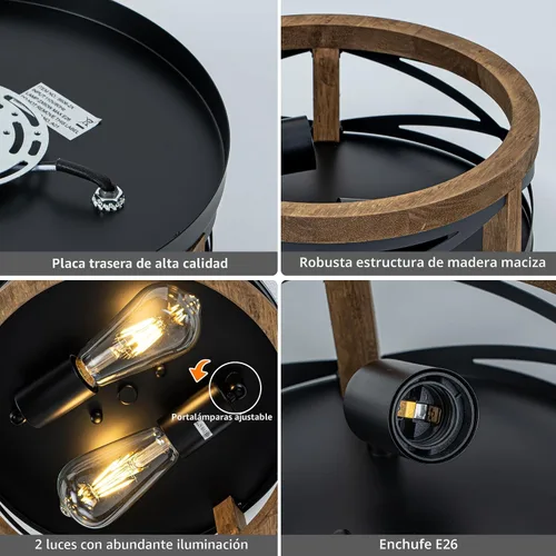 Miniatura 7 de Lámpara de Techo Estilo Granja, Lámpara de Techo Empotrada Redonda de 2 Luces con Marco de Madera y Metal, Luminaria Rústica Negra para Pasillo