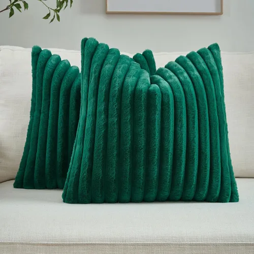 Miniatura 10 de FUTEI - Juego de 2 fundas de almohada decorativas con rayas, cuadradas, para invierno, piel sintética de conejo suave y acogedora y respaldo