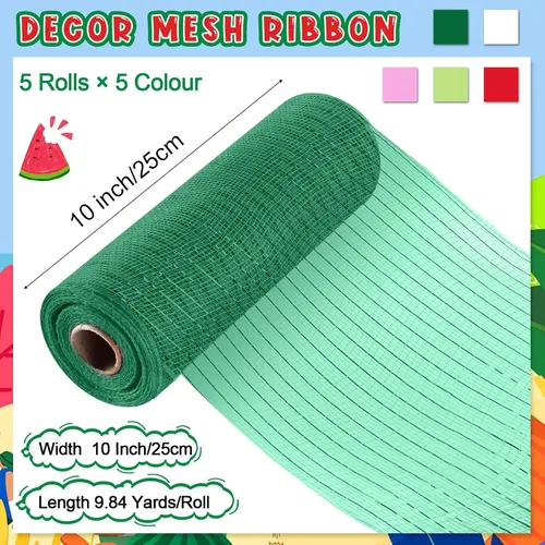 Miniatura 2 de Woanger 10 Rollos de Cinta con Borde de Alambre a Rayas de Sandía y Cinta de Malla para Envoltorio de Regalos DIY de Verano, Manualidades, Corona
