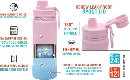 Miniatura 3 de CHILLOUT LIFE Botella de agua aislada para niños de 22 onzas para la escuela con tapa de boquilla a prueba de fugas y bonitas calcomanías Algodón