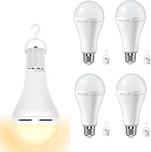 NOTOC Bombillas recargables de 9 W, funciona con pilas, 600 lúmenes, 3000 K, blanco cálido para cortes de energía, campamento, actividades al aire