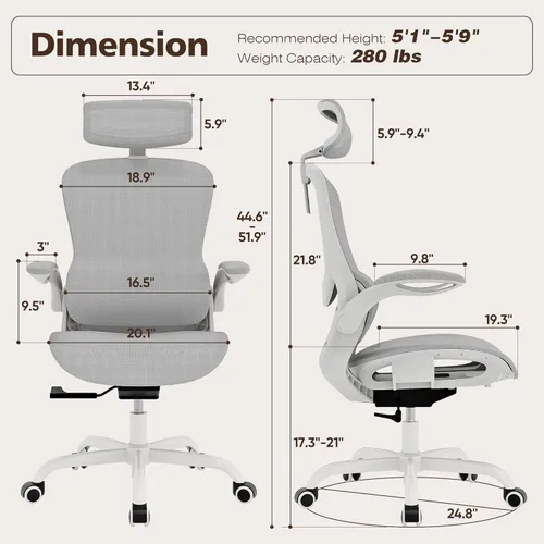 Miniatura 2 de GABRYLLY Silla de oficina ergonómica de malla - silla de escritorio blanca, reposabrazos abatible, reposacabezas ajustable, inclinable con asiento