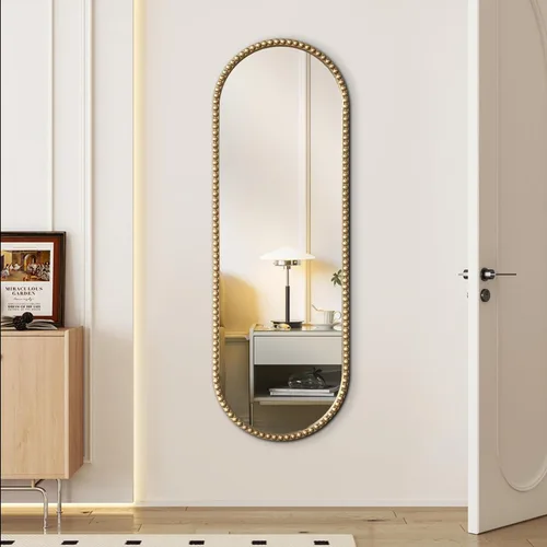 Miniatura 2 de Espejo de cuerpo entero ovalado dorado antiguo, espejo de pared de cuerpo completo, espejos barrocos con cuentas de metal dorado, espejo decorativo