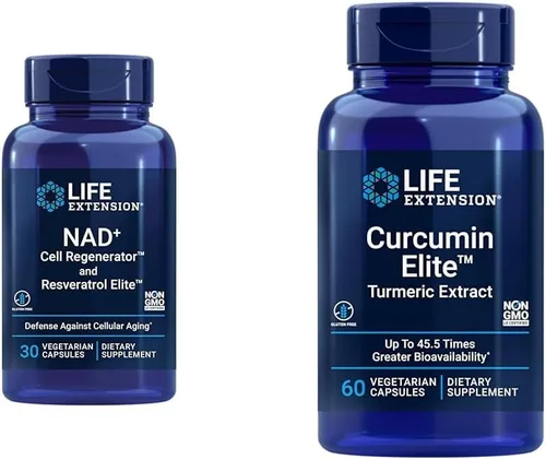 Life Extension Regenerador celular NAD+ y resveratrol Elite, ribósido de nicotinamida y extracto de cúrcuma de élite de curcumina NIAGEN, promueve
