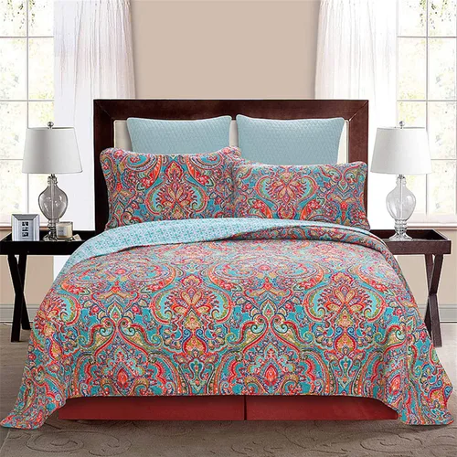 Miniatura 2 de Newrara Jacquard estilo algodón 3 piezas patchwork colcha Boho edredón juegos Queen (rojo)
