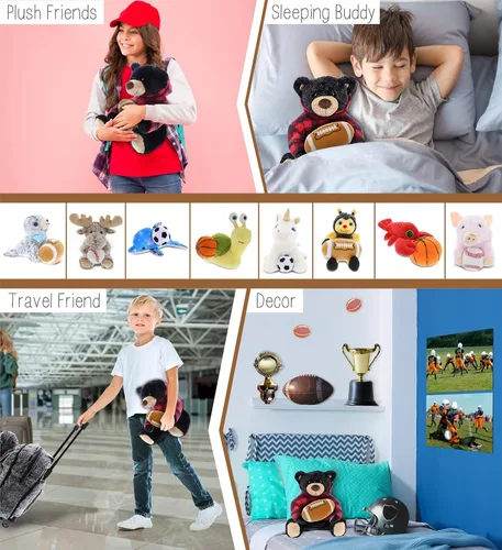 Miniatura 4 de DolliBu Animal de peluche de oso negro con felpa de fútbol – Oso súper suave para abrazar con capucha a cuadros rojos, juguete de peluche regalo