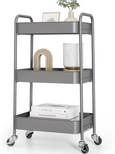 Miniatura 12 de TOOLF Carrito de metal de 3 niveles con ruedas, carrito organizador de almacenamiento para cocina, baño, oficina, artículos esenciales para bebés