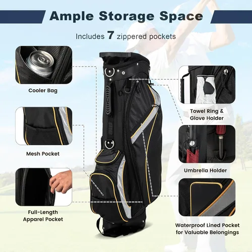 Miniatura 3 de Bolsa de golf con soporte Goplus, bolsa para palos de golf con divisores superiores de 8 vías, bolsa con enfriador, 7 bolsillos con cremallera