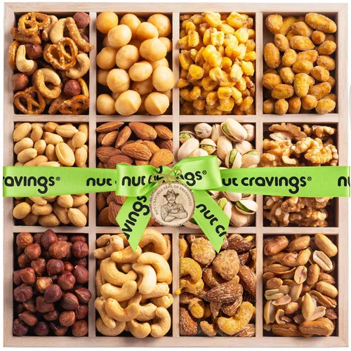 Miniatura 16 de NUT CRAVINGS - Cesta de regalo de nueces mixtas en bandeja de madera de diamante reutilizable + cinta verde (12 surtidos) golosinas para adultos