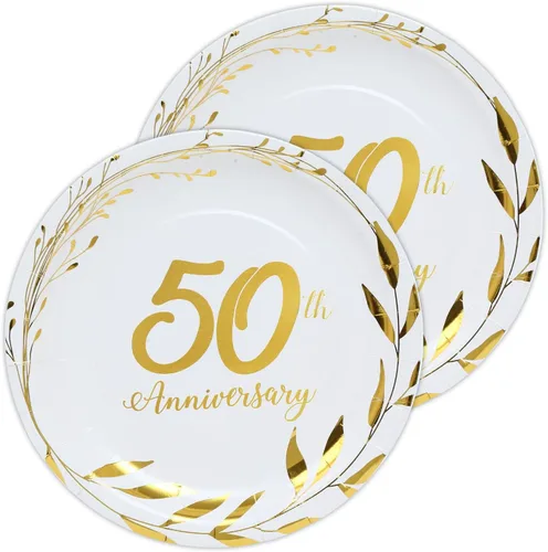 Platos de papel de 50 aniversario – Suministros dorados para fiesta de celebración de boda, platos de postre de papel redondos desechables para