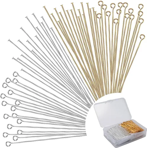 600 alfileres de cabeza plana de 2 pulgadas, alfileres de ojo para hacer joyas, alfileres de cabeza recta, pines dorados y plateados, pines de metal