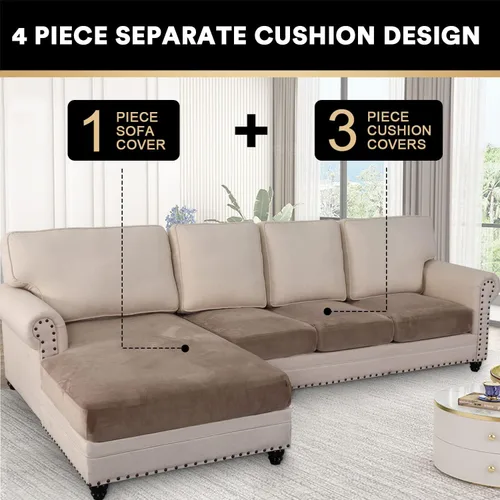 Miniatura 3 de PrinceDeco - Fundas de sofá seccional de 4 piezas, fundas de sofá de terciopelo separadas, forma de L para chaise izquierda/derecha