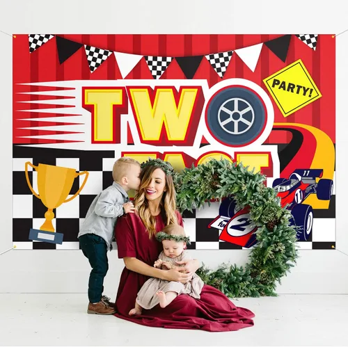 Miniatura 7 de Fondo de pancarta de fondo de dos rápidos, decoración de cumpleaños de coche de segunda carrera, suministros de fiesta para niños, 3.9 x 5.9 pies