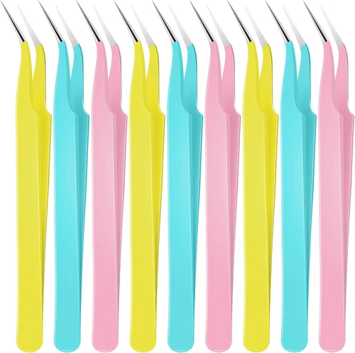 Miniatura 14 de Honoson 9 pinzas curvadas puntiagudas para manualidades, pinzas de precisión de acero inoxidable con cubierta protectora para diamantes