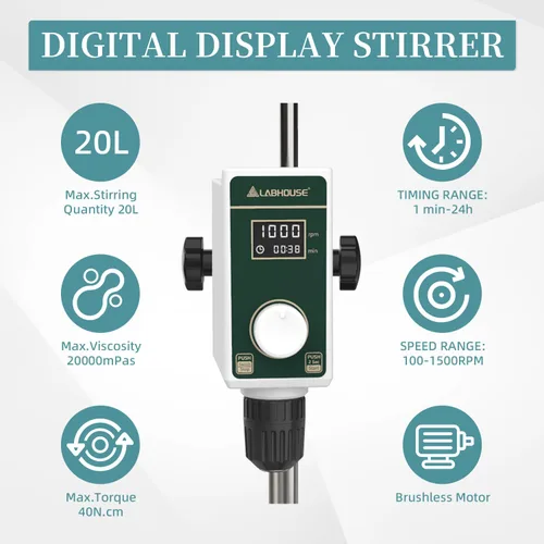 Miniatura 2 de Agitador digital OS-15S de 20 L (H₂O) para laboratorio, soporte de acero inoxidable con base en H y 1 paleta de agitación 100-1500RPM, 20000 mPas